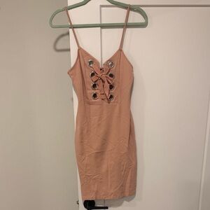 Nude Tan Bodycon Lace Up Mini Dress